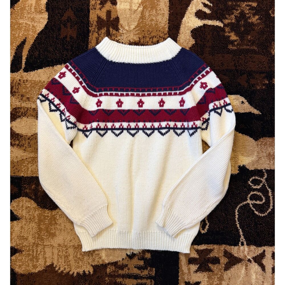 Vintage JCPenney Cream Red Blue Nordic Mock Neck Sweater S/M 100% Acrylic